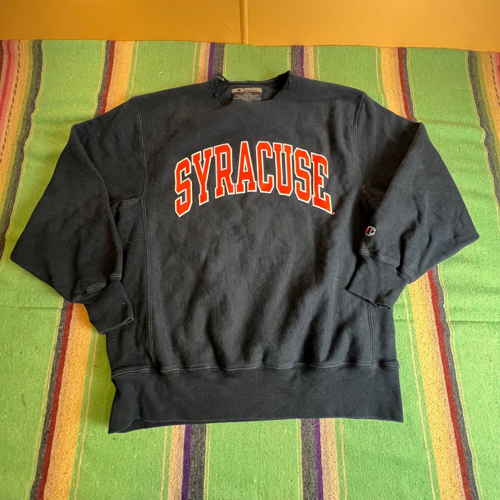 Champion Syracuse Sweatshirt Mens Medium Navy Reverse Weave Distressed College